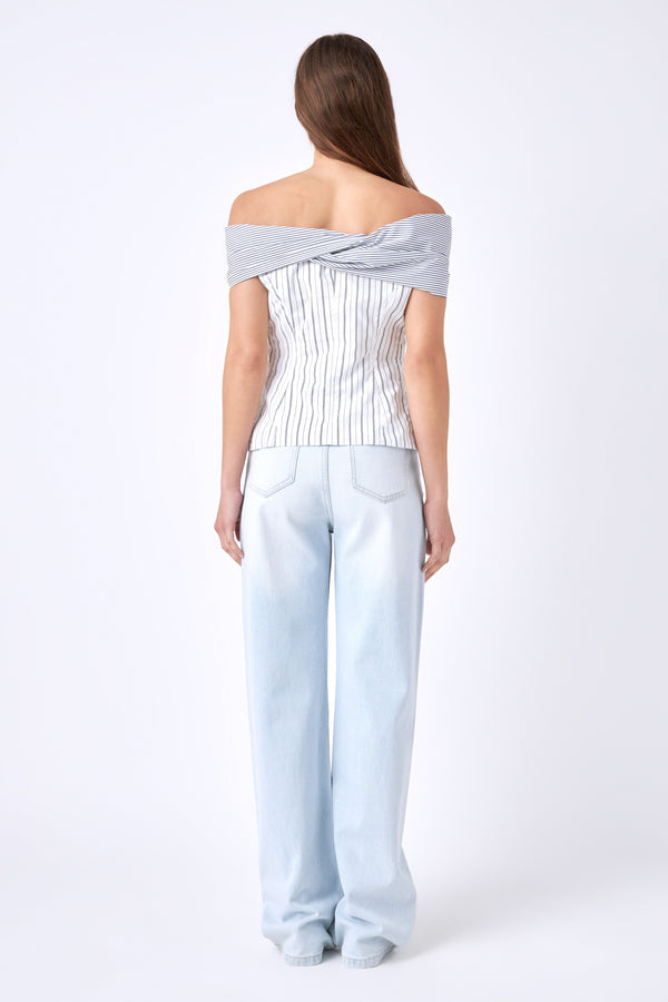 English Factory Combination Stripe Off Shoulder Top WHITE/NAVY