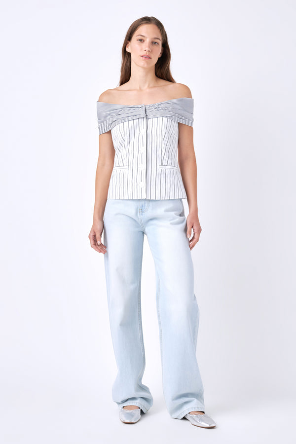 english factory Combination Stripe Off Shoulder Top WHITE/NAVY