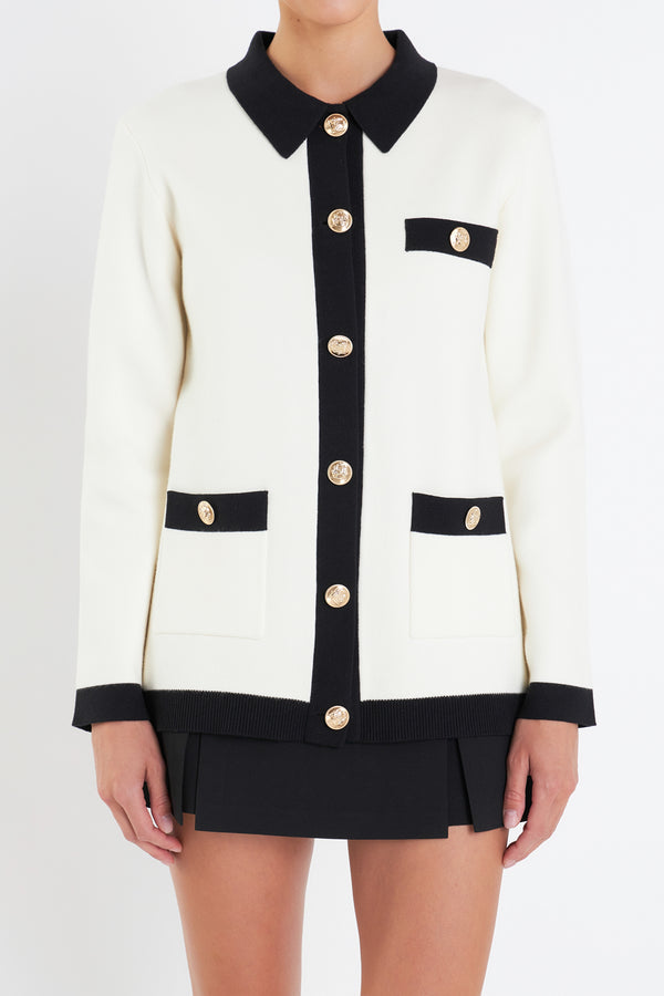 English Factory Contrast Details Knit Cardigan WHITE/BLACK