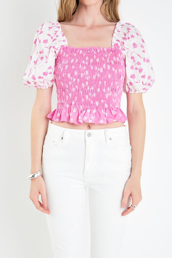 English Factory Contrast Floral Smocked Top PINK/WHITE