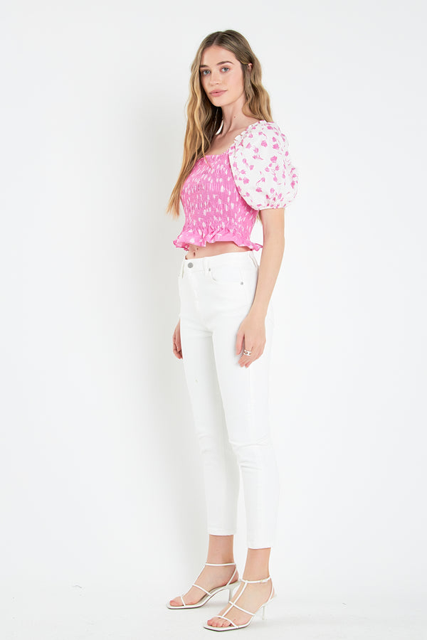 English Factory Contrast Floral Smocked Top PINK/WHITE
