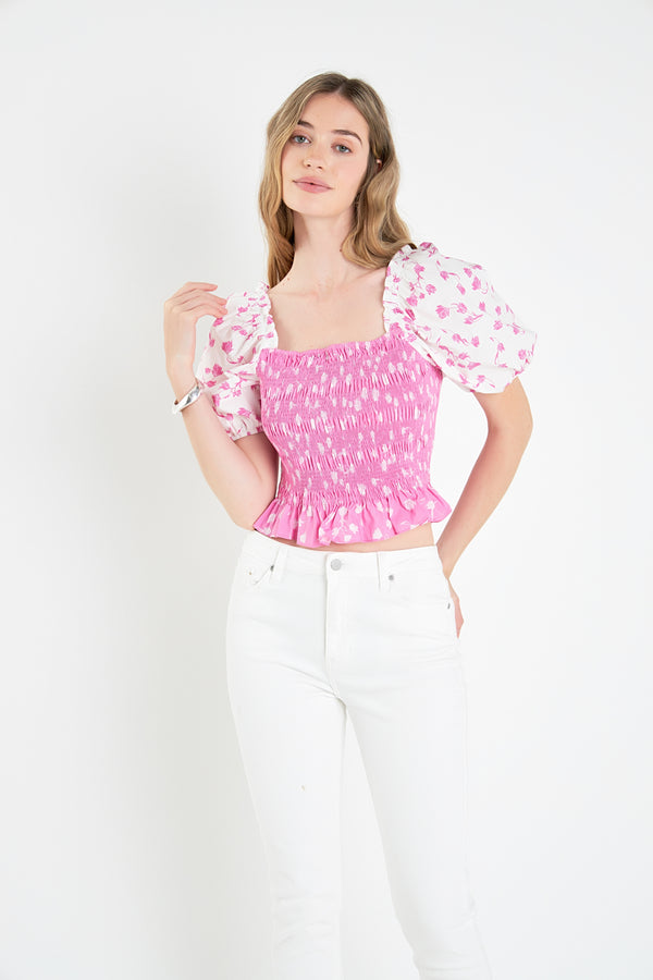 English Factory Contrast Floral Smocked Top PINK/WHITE