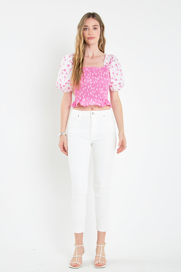 english factory Contrast Floral Smocked Top PINK/WHITE