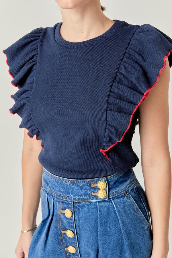 English Factory Contrast Merrow Detail Ruffled Knit Top NAVY/RED