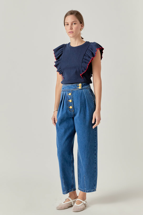 English Factory Contrast Merrow Detail Ruffled Knit Top NAVY/RED