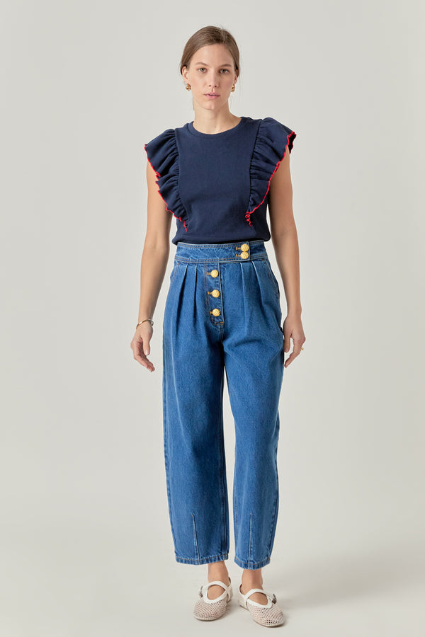 english factory Contrast Merrow Detail Ruffled Knit Top NAVY/RED