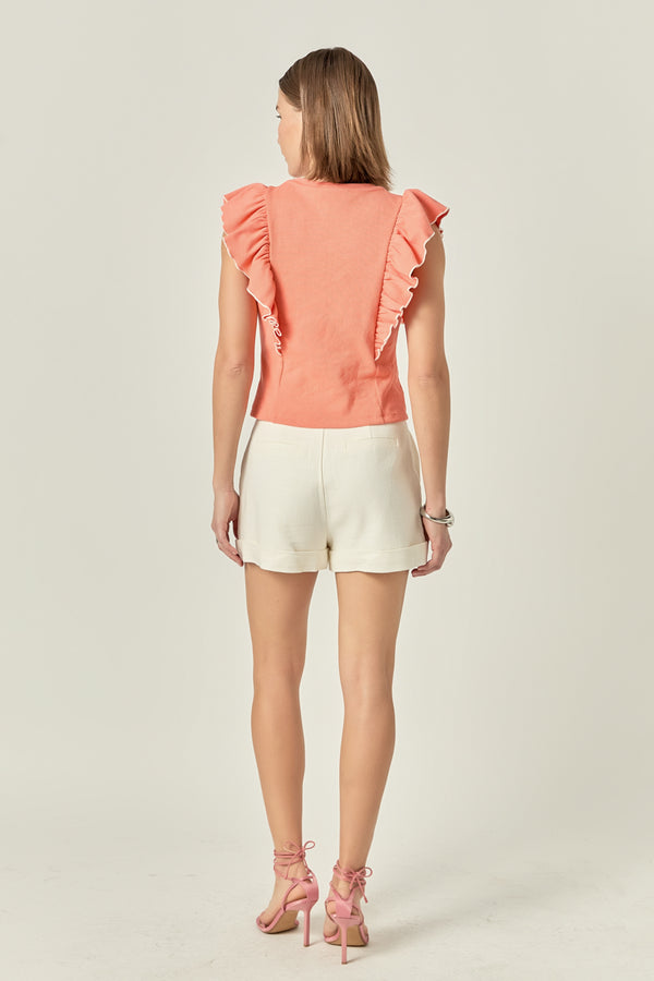 English Factory Contrast Merrow Detail Ruffled Sleeveless Knit Top CORAL/PEACH