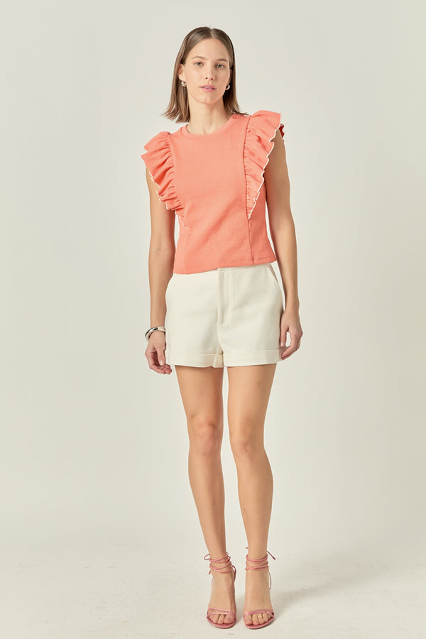 english factory Contrast Merrow Detail Ruffled Sleeveless Knit Top CORAL/PEACH