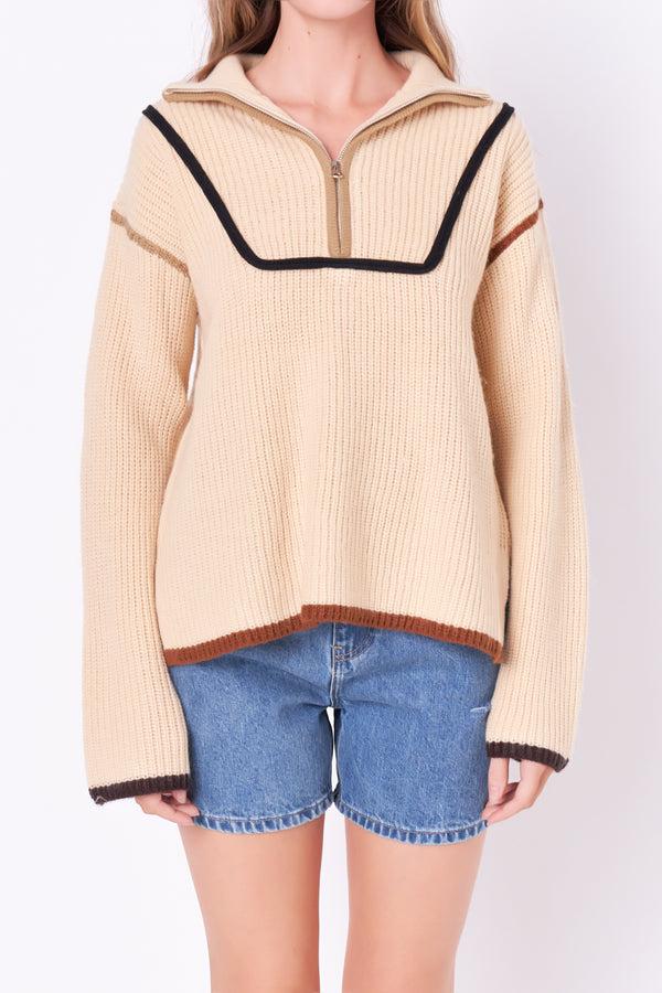 English Factory Contrast Piping Quarter-Zip Oversized Sweater BEIGE MULTI