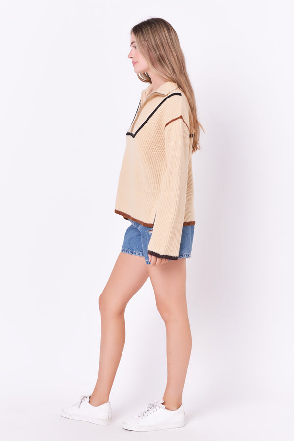 English Factory Contrast Piping Quarter-Zip Oversized Sweater BEIGE MULTI