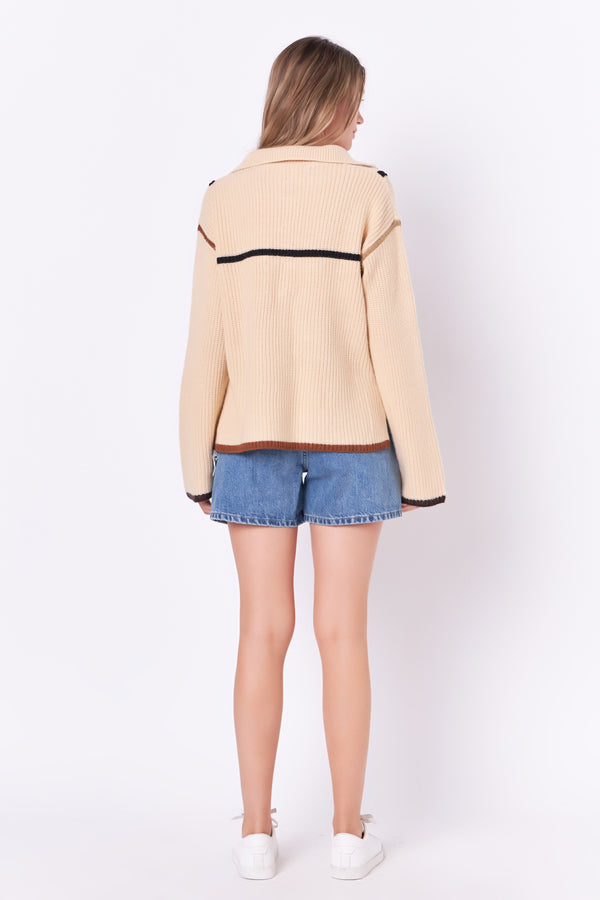 English Factory Contrast Piping Quarter-Zip Oversized Sweater BEIGE MULTI