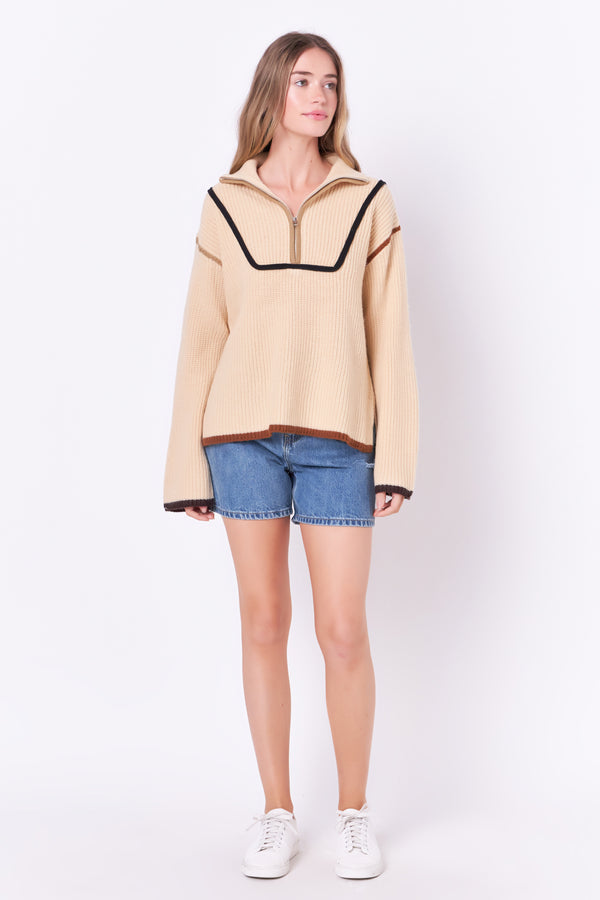 english factory Contrast Piping Quarter-Zip Oversized Sweater BEIGE MULTI