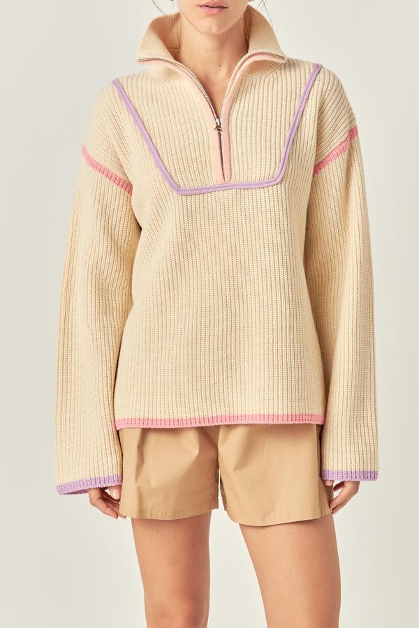 English Factory Contrast Piping Quarter-Zip Sweater LAVENDER MULTI