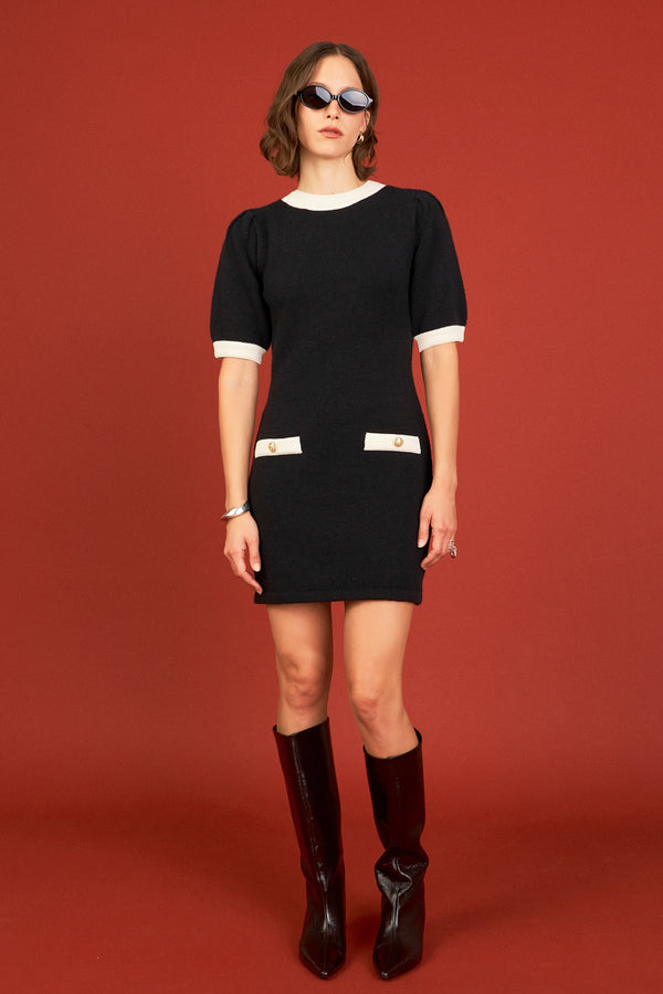 english factory Contrast Rib Detailed Mini Dress BLACK/WHITE