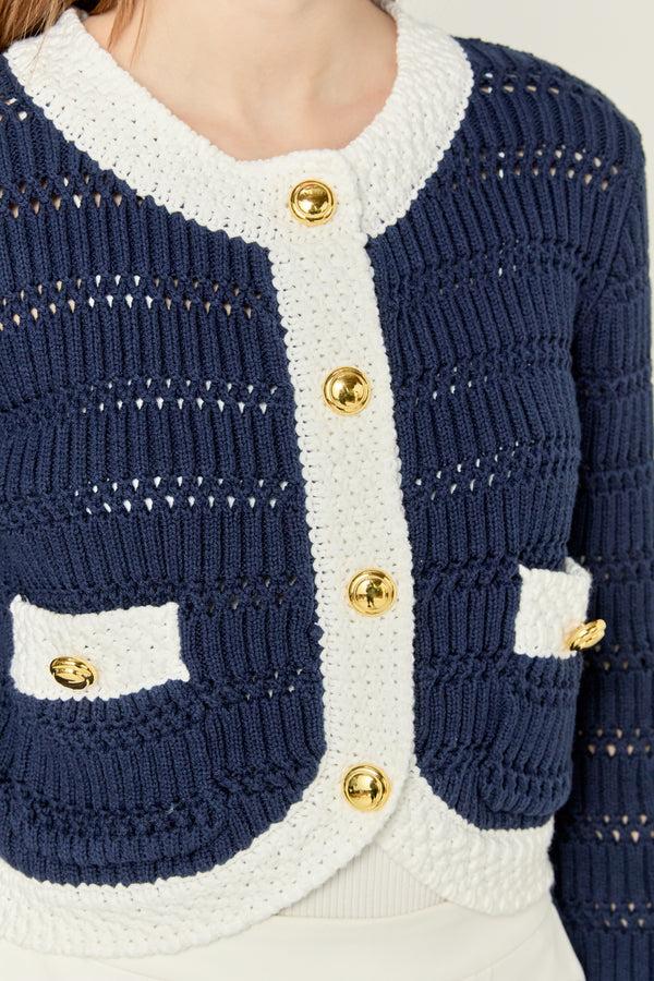 English Factory Contrast Round Hem Cardigan NAVY/WHITE