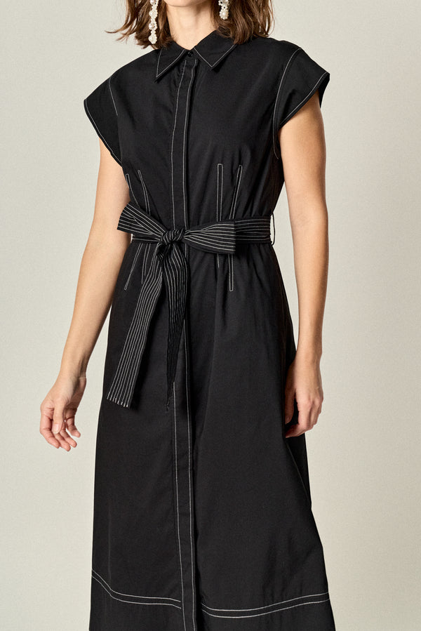 English Factory Contrast Stitch Shirt Midi Dress BLACK