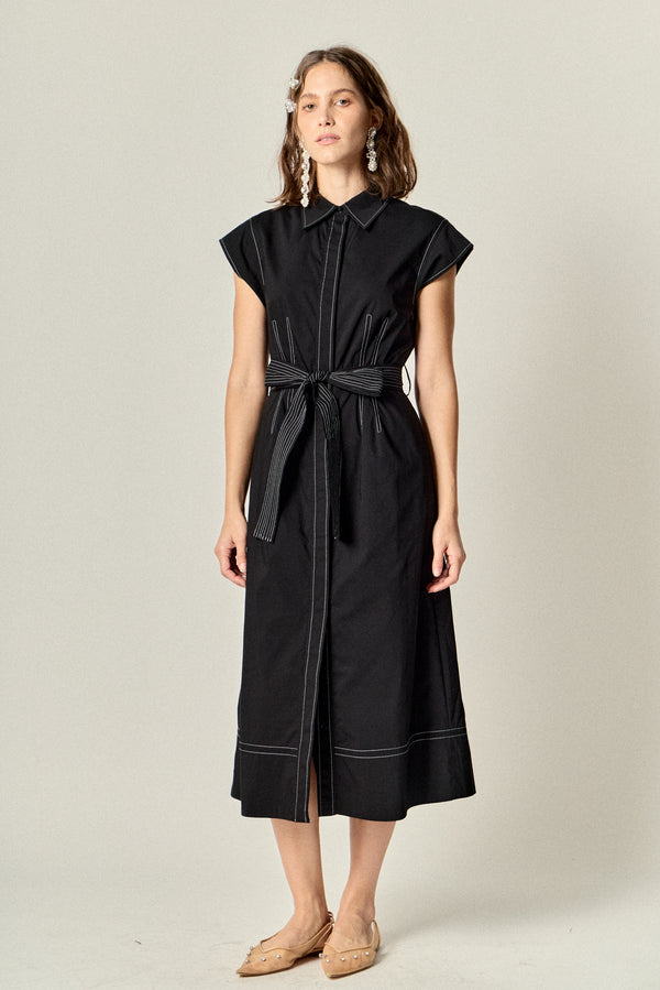 English Factory Contrast Stitch Shirt Midi Dress BLACK