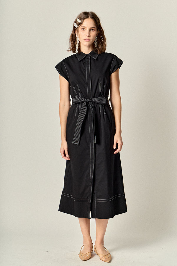 english factory Contrast Stitch Shirt Midi Dress BLACK