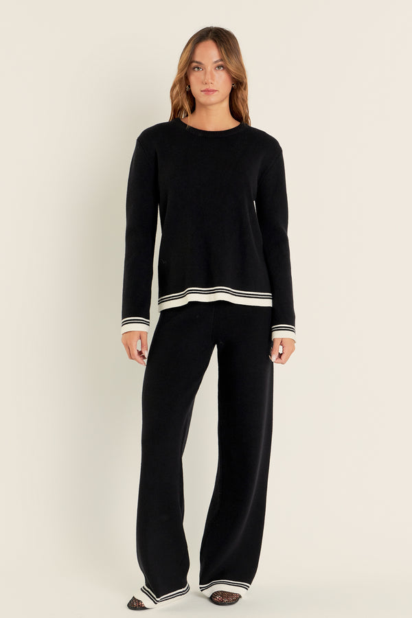 english factory Contrast Stripe Detail Knit Top BLACK/IVORY