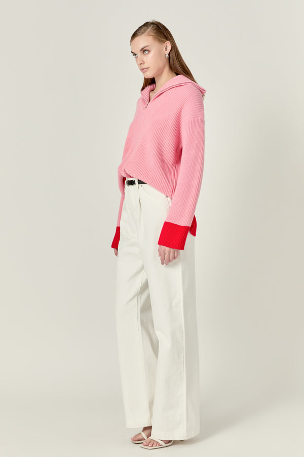 English Factory Contrast Zip Pullover Sweater PINK/RED