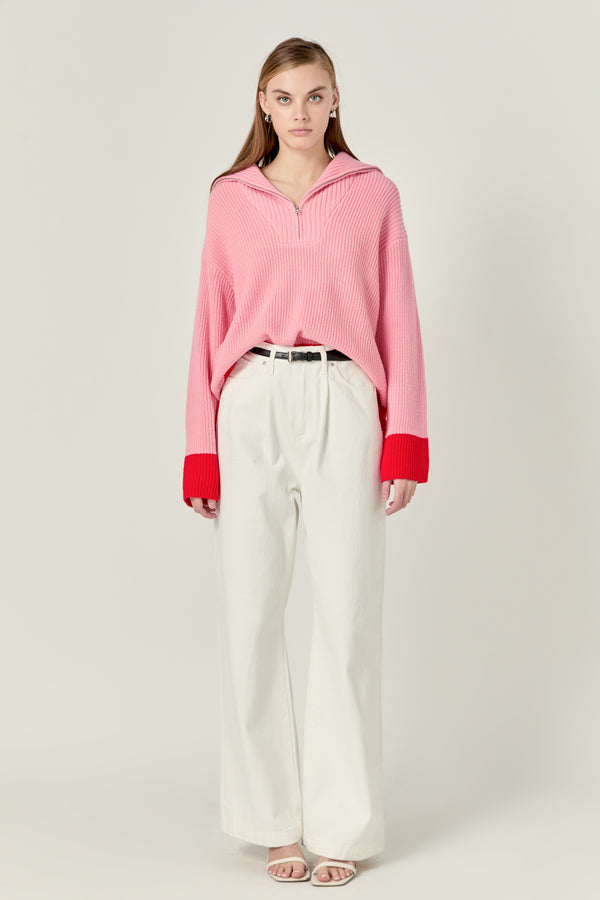 english factory Contrast Zip Pullover Sweater PINK/RED