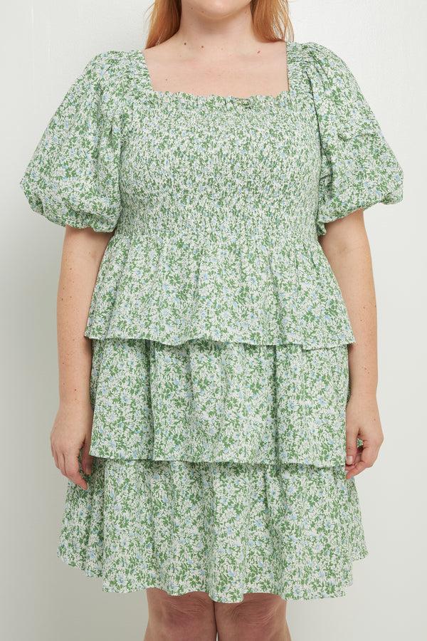 English Factory Crinkled Floral Linen Smocked Tiered Mini Dress GREEN