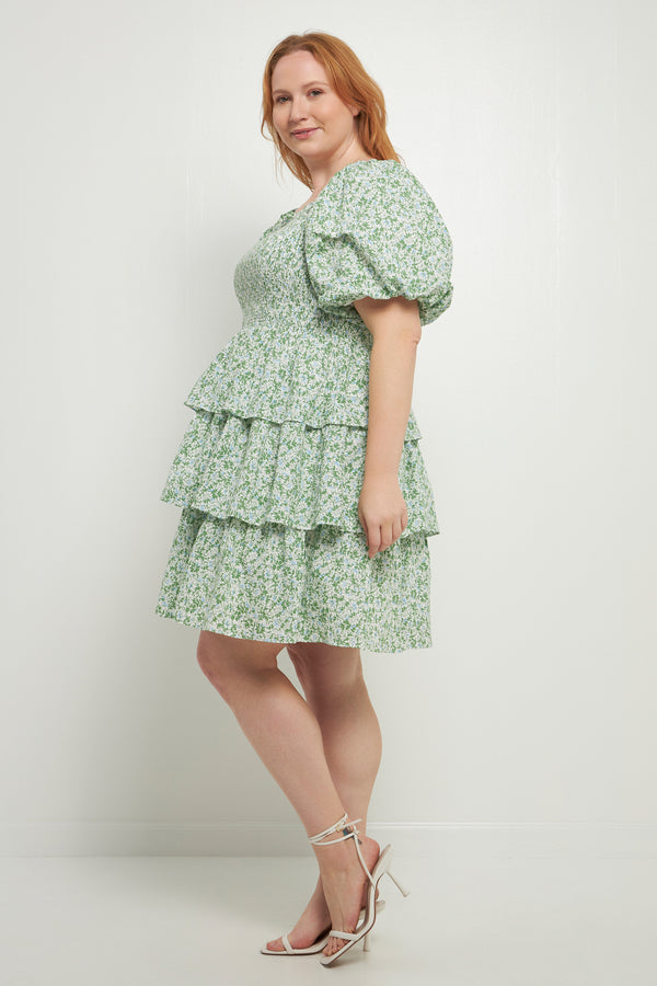 English Factory Crinkled Floral Linen Smocked Tiered Mini Dress GREEN