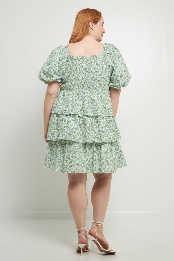 English Factory Crinkled Floral Linen Smocked Tiered Mini Dress GREEN
