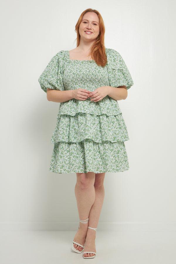 english factory Crinkled Floral Linen Smocked Tiered Mini Dress GREEN