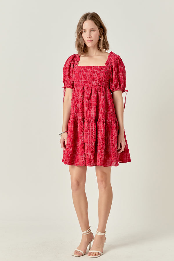 English Factory Crinkled Gingham Flounce Dress BURGUNDY