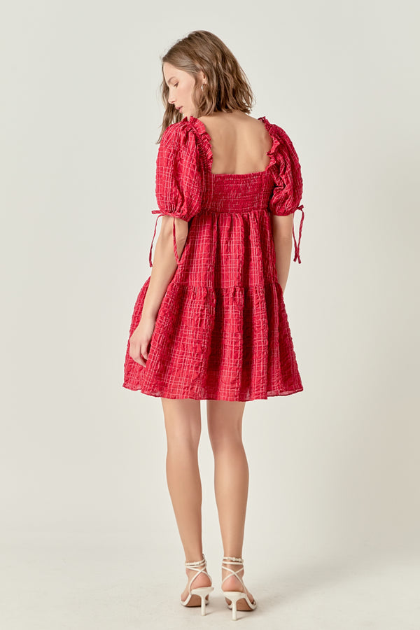 English Factory Crinkled Gingham Flounce Dress BURGUNDY