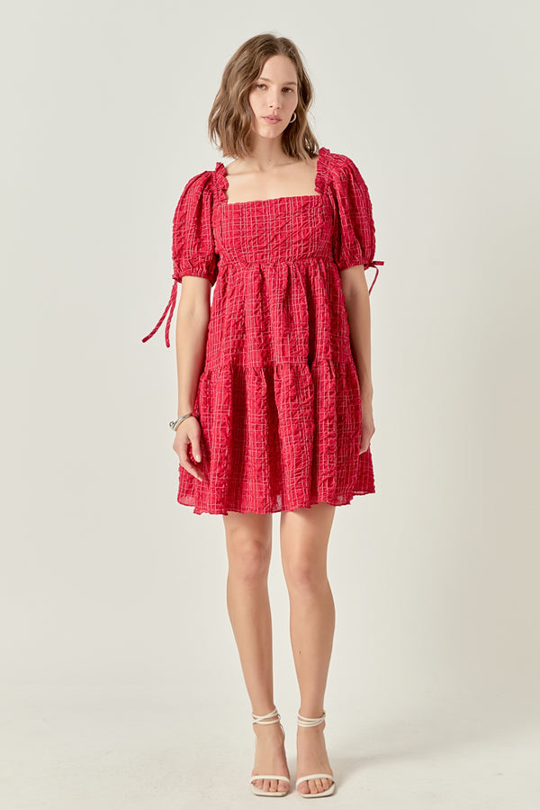 english factory Crinkled Gingham Flounce Dress BURGUNDY