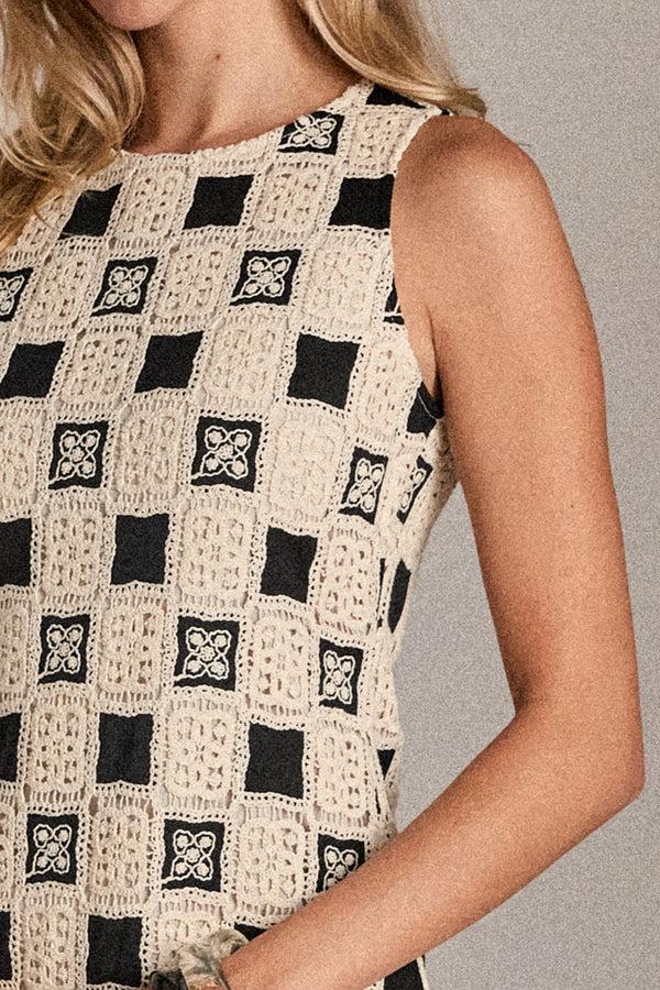 English Factory Crochet Patchwork Sleeveless Dress IVORYBLACK
