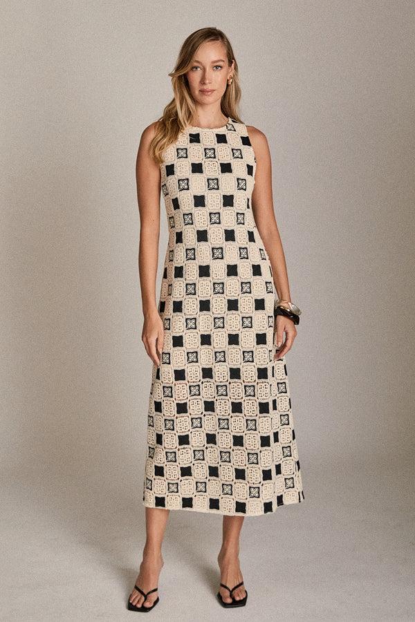 English Factory Crochet Patchwork Sleeveless Dress IVORYBLACK