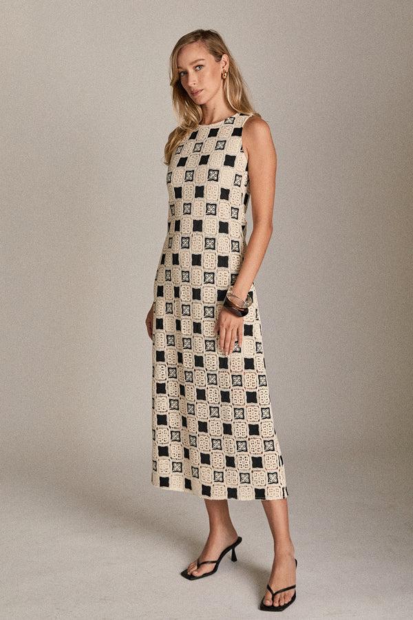 English Factory Crochet Patchwork Sleeveless Dress IVORYBLACK