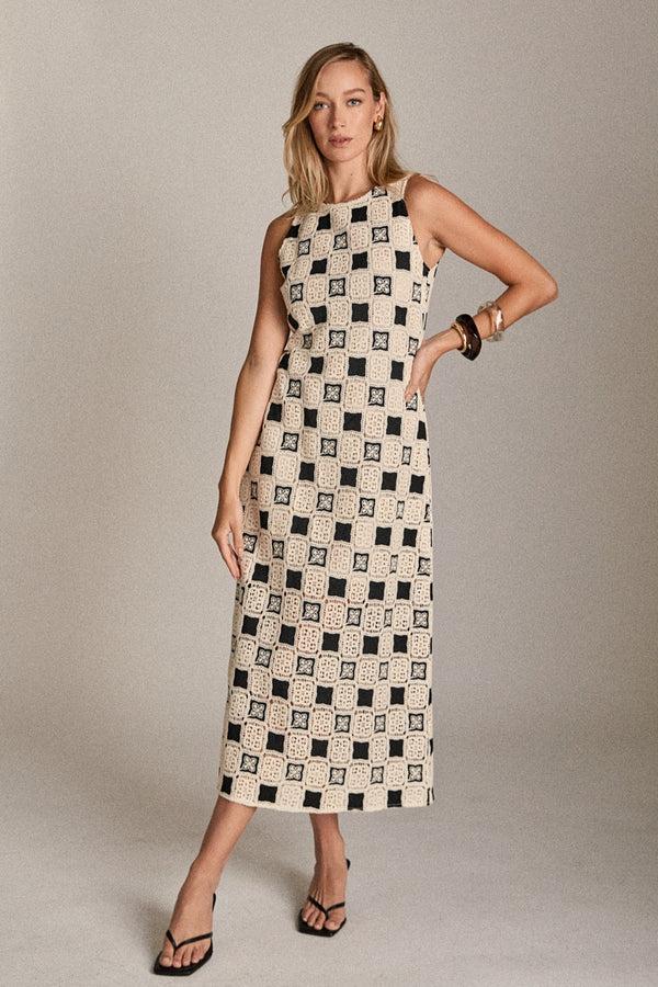 english factory Crochet Patchwork Sleeveless Dress IVORYBLACK