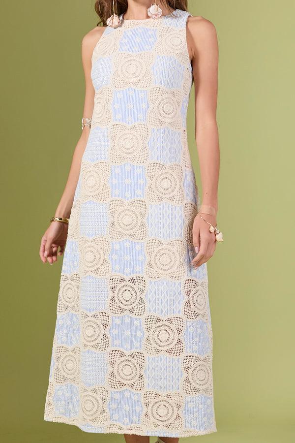 English Factory Crochet Patchwork Sleeveless Dress IVORYBLUE
