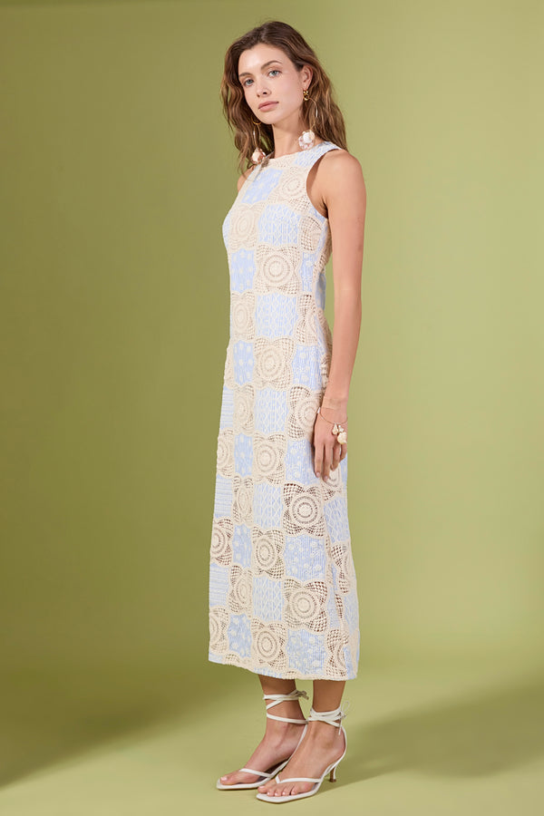 English Factory Crochet Patchwork Sleeveless Dress IVORYBLUE
