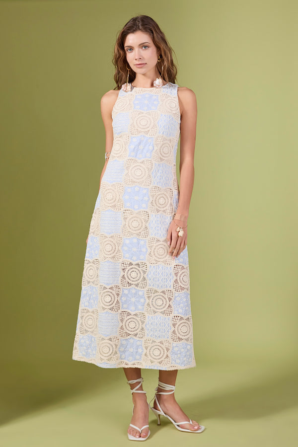 english factory Crochet Patchwork Sleeveless Dress IVORYBLUE