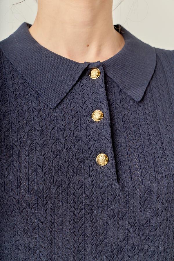 English Factory Crochet Short Sleeve Top NAVY/IVORY