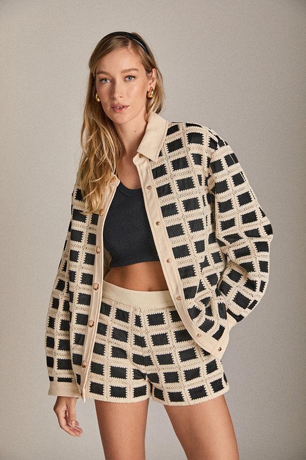 english factory Crocheted Oversized Shirt NATURAL/BLACK