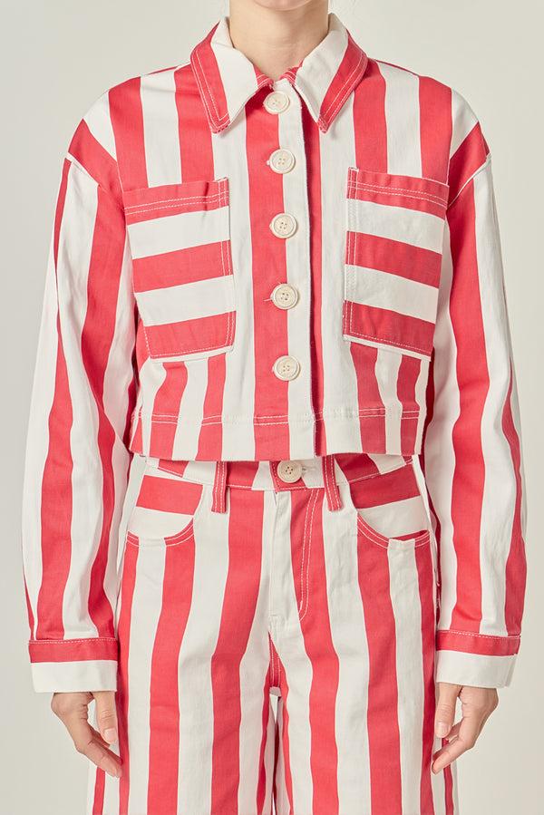 English Factory Cropped Bold Stripe Button-Up Shirt RED/WHITE