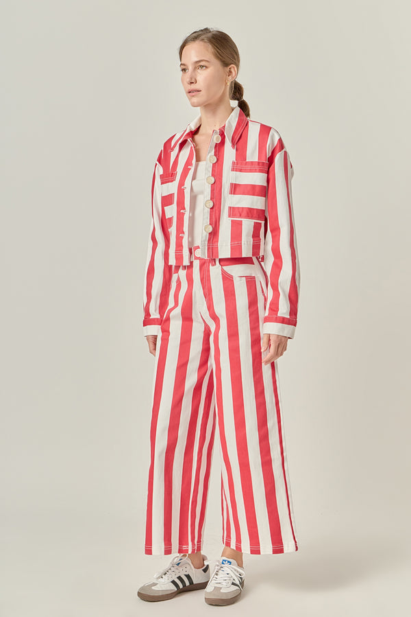 English Factory Cropped Bold Stripe Button-Up Shirt RED/WHITE