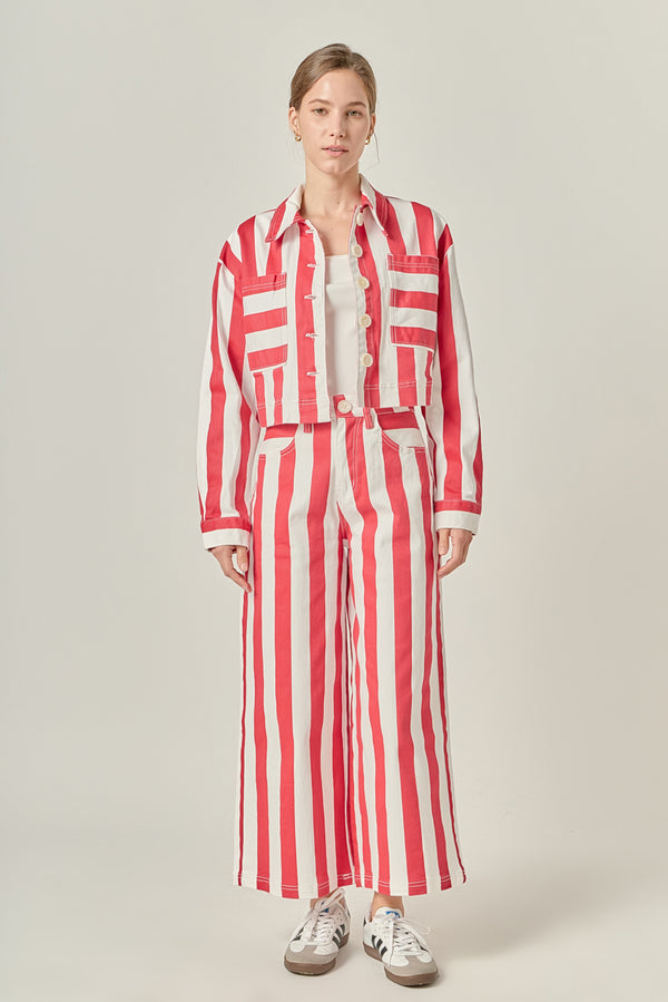english factory Cropped Bold Stripe Button-Up Shirt RED/WHITE
