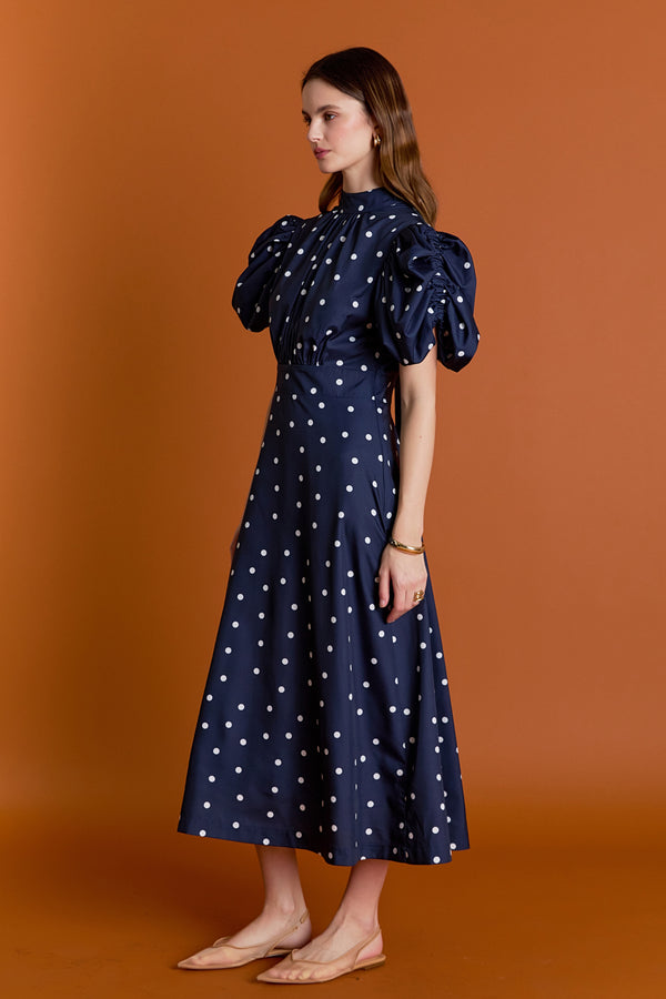 English Factory Daisy Dotted Midi Dress NAVY/OFF WHITE