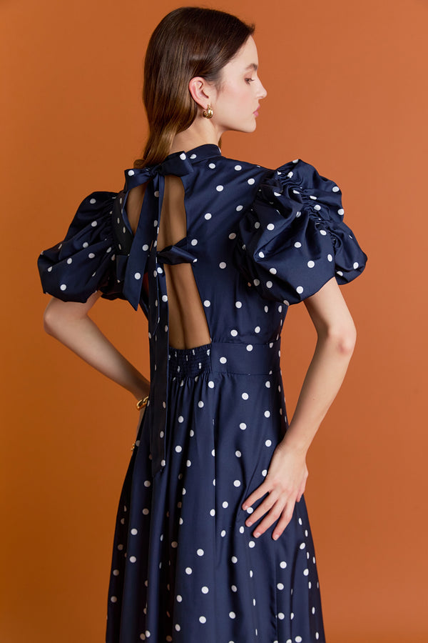 english factory Daisy Dotted Midi Dress NAVY/OFF WHITE