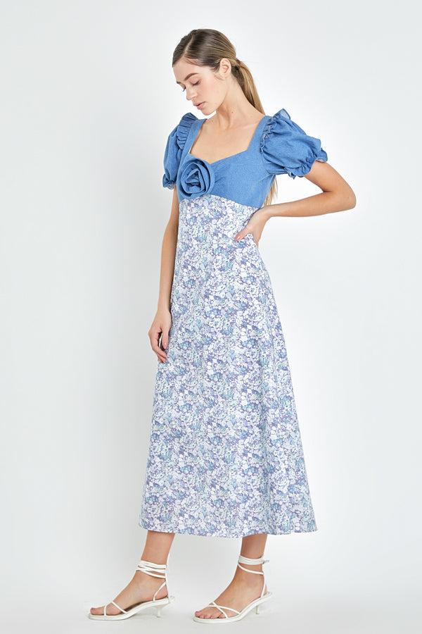 English Factory Denim Combo Floral Print Maxi Dress BLUE MULTI
