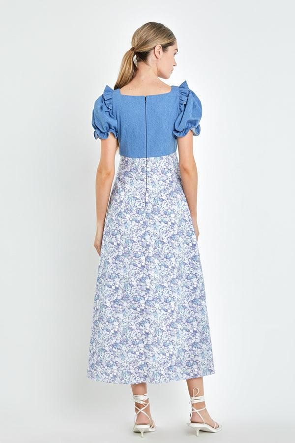 English Factory Denim Combo Floral Print Maxi Dress BLUE MULTI