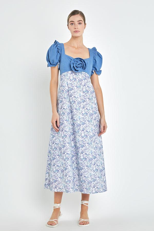 english factory Denim Combo Floral Print Maxi Dress BLUE MULTI