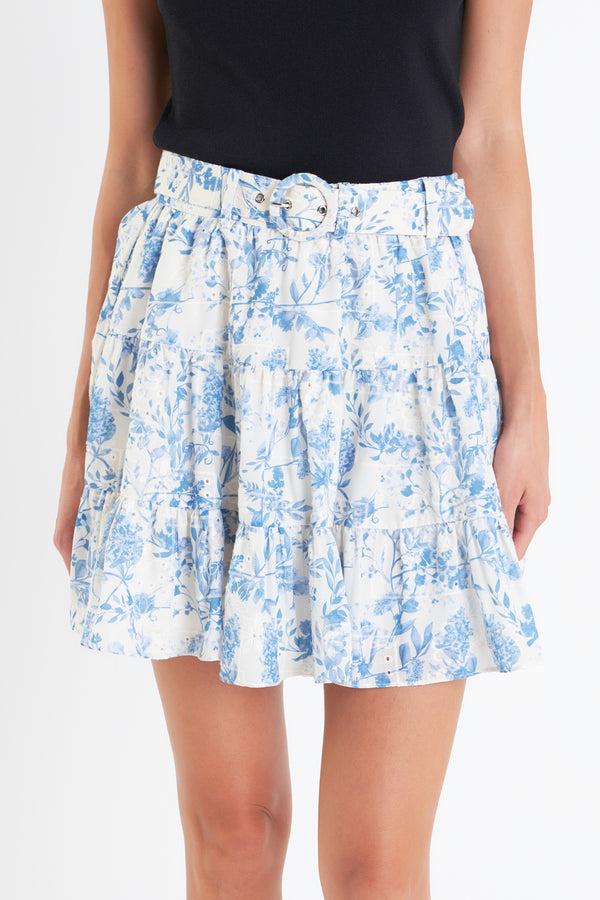 English Factory Digital Print Belted Tiered Mini Skirt BLUE/OFF WHITE